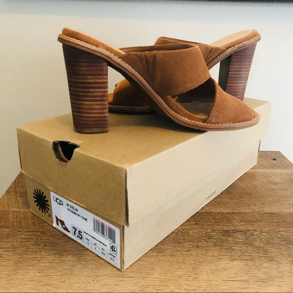 UGG CELIA Suede Stacked Heel Sandals, Chestnut